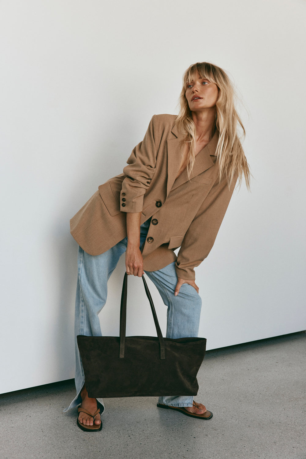 Mia Dark Chocolate Suede East West Slouchy Tote - Slightly Imperfect