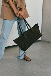 Mia Dark Chocolate Suede East West Slouchy Tote - Slightly Imperfect