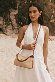 Sloane Tan Raffia Crossbody Clutch