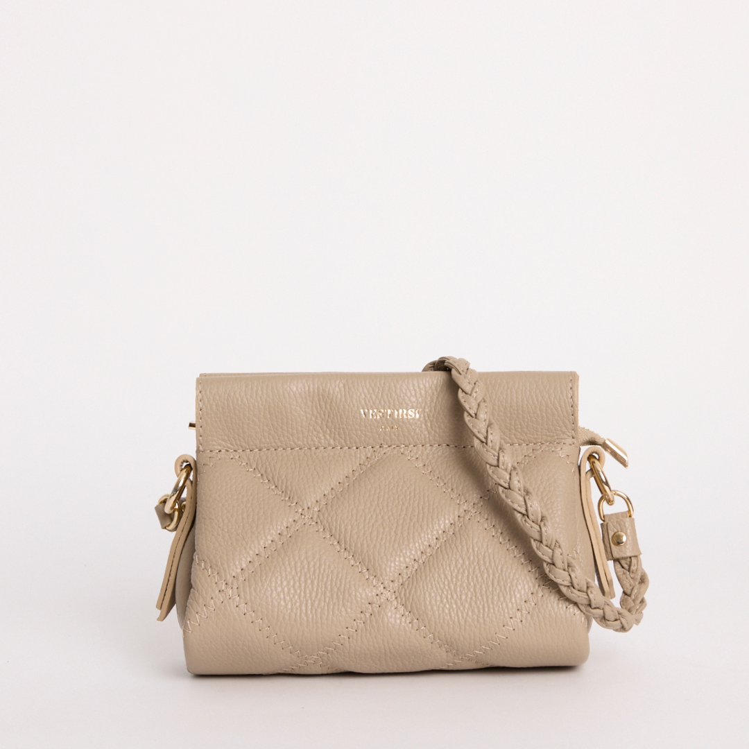 Tan quilted crossbody shop bag