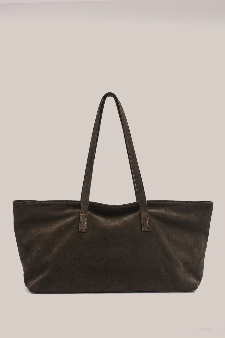 Mia Dark Chocolate Suede East West Slouchy Tote - Slightly Imperfect
