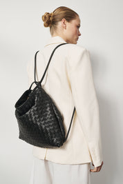 black woven leather backpack Josefina - Luxury Diaper Bag Cocoa gift wrap with ribbon. Woven Bella Black 2-in-1 Convertible