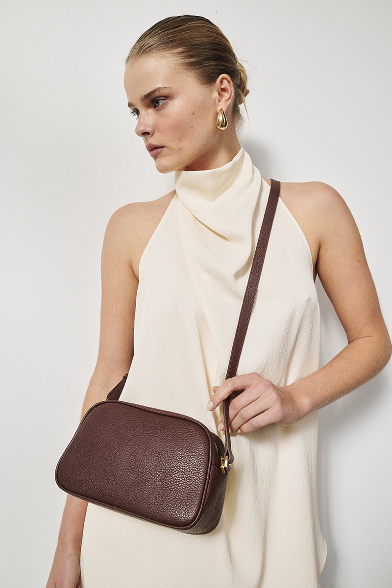 Vera Mahogany Camera Crossbody Bag